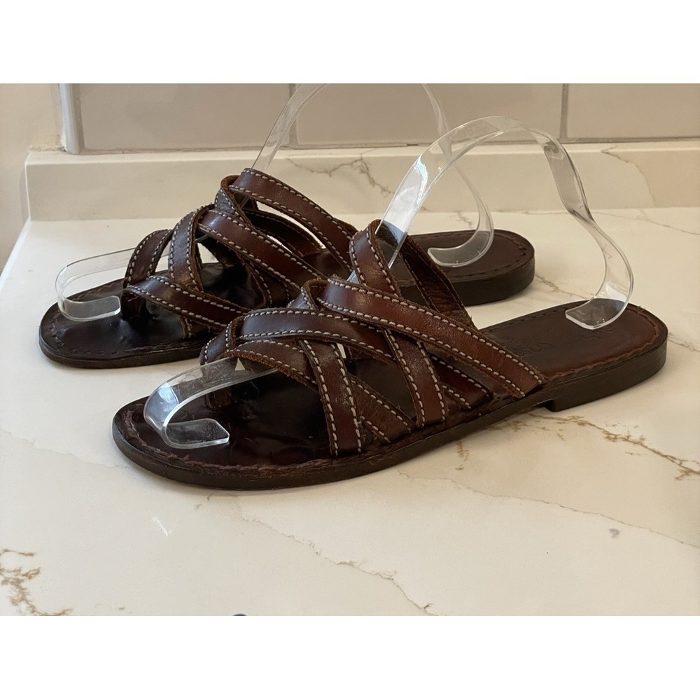 Sesto Meucci‎ Brown Leather Sandals Women 8-9 Flat Cross Italy Antico Crispino